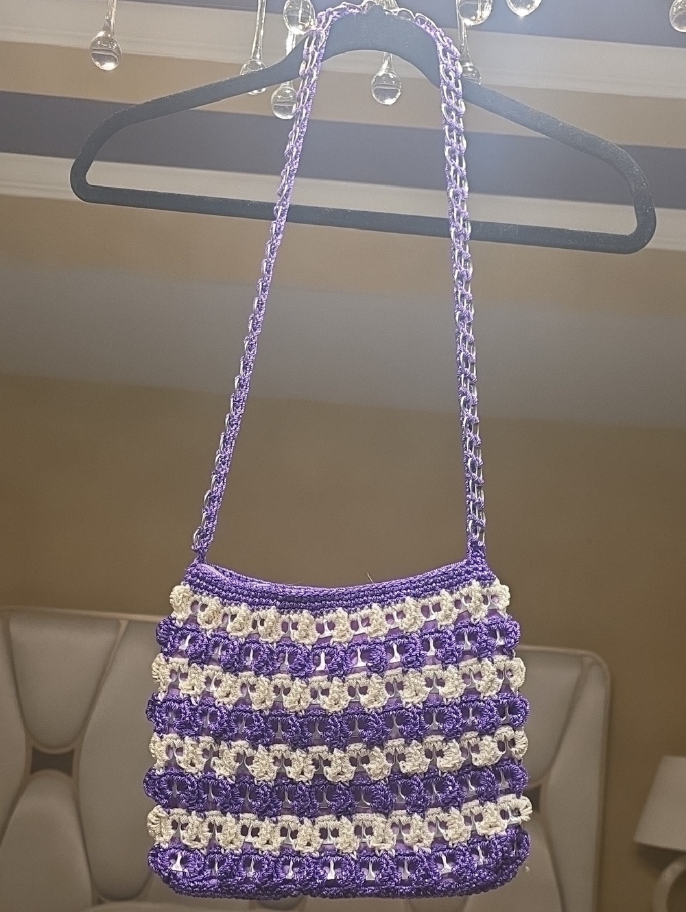 Handmade Purple and White Crochet Crossbody Bag with Braided Strap